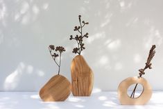 three wooden vases sitting next to each other on a white surface with shadows from the wall behind them