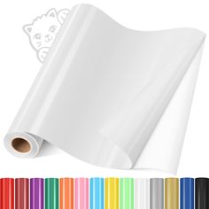 a roll of white paper with rainbow stripes on it and an image of a cat in the background