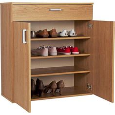 an open cabinet with several pairs of shoes on the bottom shelf and one door opened