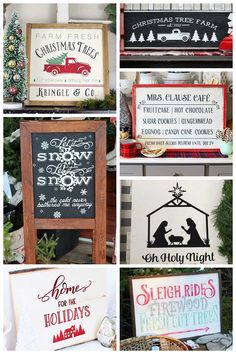 christmas signs are displayed in different styles and colors