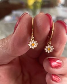 Delicate little Daisy Earrings. Also available in Silver. Tiny Small Hoop Earrings As Gift, Gift Small Hoop Earrings, Cute Hypoallergenic Earrings For Spring, Cute Gold Flower Earrings For Spring, Cute Gold Jewelry For Spring, Cute Gold Earrings For Spring, Cute Flower Jewelry For Everyday, Cute Spring Drop Earrings, Cute Hypoallergenic Everyday Jewelry