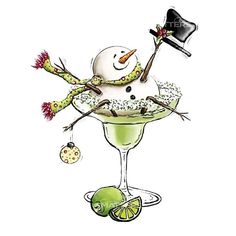 a drawing of a snowman in a martini glass with an ornament on the rim