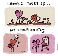 two cartoon images with one saying, growing together and the other saying it's independent