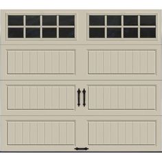 an overhead garage door with windows on the top and bottom panel, in beige color