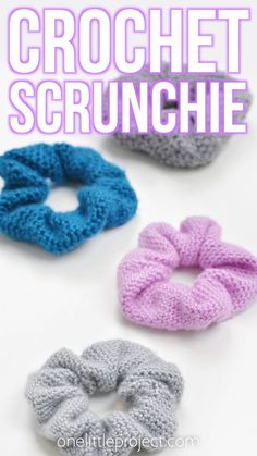 three crochet scrunchies are shown with the text, how to croche