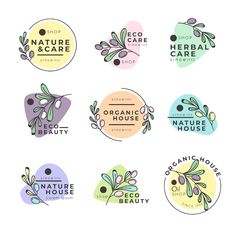 the logos for organic house, shop and natural products are hand drawn in pastel colors