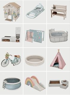 there are many different types of toys in this set, including beds, chairs, and other things