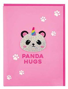 a panda hugs card with paw prints and a unicorn hat on it's head