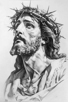 a pencil drawing of jesus with the crown of thorns on his head and shoulders