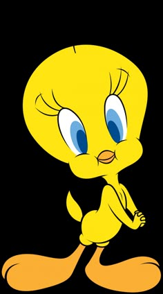 a cartoon yellow bird with big blue eyes and an orange tail, sitting on one leg