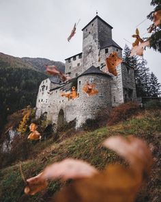 an old castle with autumn leaves falling from it