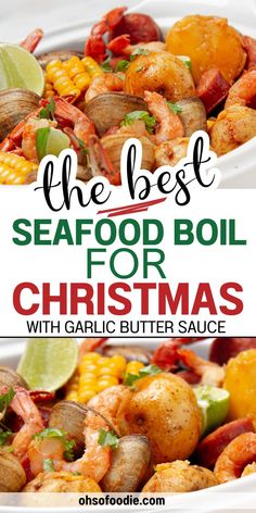 Text reads Seafood Boil For with garlic butter sauce Easy Seafood Boil, Christmas Seafood, Crab Boil Recipe, Seafood Sauce Recipe, Shrimp And Crab Boil, Cajun Seafood Boil, Lobster Bisque Soup