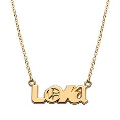 a gold necklace with the word love on it