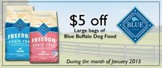 blue buffalo dog food is on sale for $ 5 off