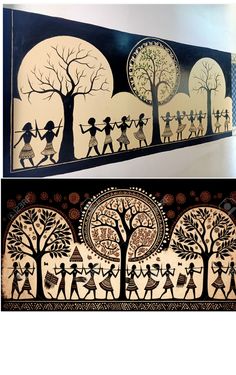 two paintings depicting people and trees in the night, one is painted with black paint