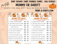 a baby shower game for mommy or daddy with pumpkins and flowers on the side