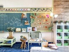 a room with a chalkboard and chairs in it