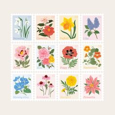 stamps with flowers on them are shown in different colors and sizes, including red, yellow, blue, green