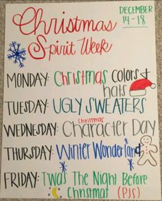 a christmas spirit week poster on the floor