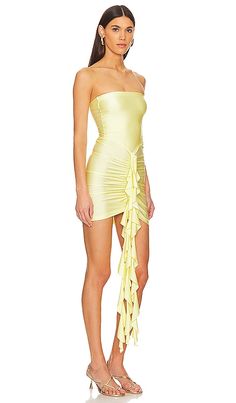 Find SHANI SHEMER Serena Mini Dress In Yellow on Editorialist. Shani Shemer Serena Mini Dress in Yellow. - size L (also in M, S, XS) Shani Shemer Serena Mini Dress in Yellow. - size L (also in M, S, XS) 80% nylon 20% elastane . Made in Thailand. Hand wash recommended. Unlined. Pull-on styling. Front ruffle fabric overlay. Semi-sheen jersey fabric. Neckline to hem measures approx 27 in length. SSHE-WD16. 24SPDR06. Shani Shemer is a young and bold fashion designer. Shani came up with the idea of b Knee-length Mini Dress For Summer Evenings, Fitted Summer Mini Dress For Cocktail, Fitted Mini Dress For Summer Cocktail, Strapless Dresses For Spring Summer Parties, Summer Evening Fitted Mini Dress, Fitted Summer Mini Dress For Evening, Summer Mini Dress For Cocktail Occasions, Strapless Ruched Summer Dress, Strapless Ruched Dress For Summer