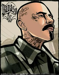 a drawing of a bald man with tattoos on his face