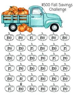 a blue truck with pumpkins on it and the words $ 500 fall savings challenge