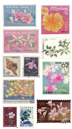 stamps with flowers on them are shown in different colors and sizes, including one for the stamp