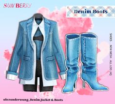 a woman's denim jacket and boots are shown in front of a pink background