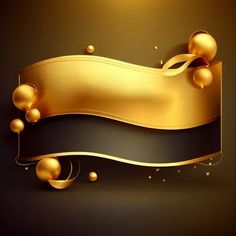 an elegant gold banner with balls and streamers on a black background illustration by michael strick