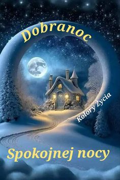 a christmas card with a house in the snow and a full moon above it, which reads dobranoc