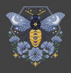 a cross stitch pattern with a bee in the center and flowers around it on a gray background