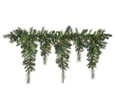 christmas garland with lights hanging from it's sides on a white background, decorated with pine branches