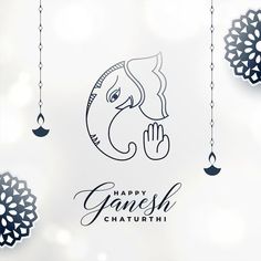 happy ganesh chaturthi greeting card with hand drawn ganeshi on white background