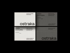 three different types of business cards with the word ostraka in black and white