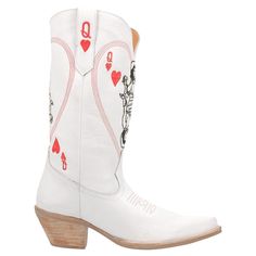 PRICES MAY VARY. Queen of Hearts design All over leather upper 12 inch shaft/2.25 inch heel Almond toe Cushioned footbed for ongoing comfort Mid Calf White Western Boots, Heart Western Boots, White Boots Hearts, Cowboy Boots Casual, Embroidered Cowboy Boots, Boots Mid Calf, Bridal Boots, Coming Up Roses, Fashion Toys