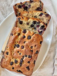 slices of blueberry bread on a white plate