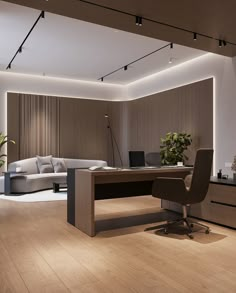 an office with a couch, desk and chair in the middle of it is lit by recessed lighting