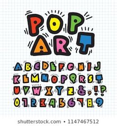 an alphabet with pop art letters and numbers on a sheet of exercise paper, hand drawn