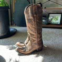 Lane Cowgirl Boots Come Up To About Below The Knee Broken In But Not Worn Out Too Much Braid Detail All Around The Boot Lane Boots, Boots Brown, Boots Shoes, Cowgirl Boots, Brown Boots, Western Boots, Shoes Heels Boots, Too Much, The Knee