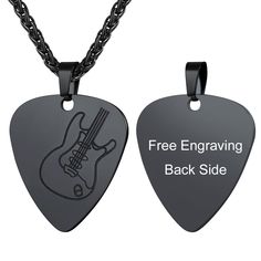 PRICES MAY VARY. ♫♫♫Festival Fashion Men's Shiny Guitar Pick Charm Pendant♫♫♫: This charm can actually use as guitar pick. Size of charm: 1.4 inch * 1 inch. Free chain sent to customer: Suspending from a sturdy stainless steel spiga chain. 22 inch long with extra 2 inches extender. Pendant is engraved with a guitar. ideal gift for your musician friends, family, BFF, Lover, colleague whoever is a music fan. ❤❤[Customization]❤❤-----Back side is engravable, text like sentence, names, quotes, locati Black Rock Style Jewelry For Concerts, Black Rocker Jewelry For Festival, Black Rocker Style Jewelry For Festival, Black Music-themed Jewelry For Gift, Music-themed Black Jewelry Gift, Mens Festival Fashion, Guitar Necklace, Guitar Pendant, Pick Necklace