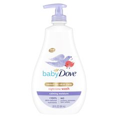 Baby Dove Night Time Body Wash An ultra-gentle wash that combines sensitive skin care with a calming scent - perfect for your baby's bedtime routine. Features and further details Tip-to-toe bedtime baby wash helps skin maintain moisture overnight Made with 100% skin-natural nutrients*, perfect for delicate baby skin Caring, tear-free, hypoallergenic soap for babies with sensitive skin Infused with a calming chamomile scent Dermatologist tested and pediatrician recommended soap for babies Certified cruelty-free by PETA Ingredients: Water (Aqua), Glycerin, Petrolatum, Stearic Acid, Glycol Stearate, Dimethicone, Isopropyl Isostearate, Caprylyl Glycol, Triethanolamine, Phenoxyethanol, Disodium EDTA, Fragrance (parfum), Magnesium Aluminum Silicate, Carbomer, Tapioca Starch, Glyceryl Stearate, C Dove Sensitive Skin, Liquid Body Wash, Baby Body Wash, Soothing Baby, Gentle Baby, Baby Soap, Baby Bath Time, Baby Lotion, Sensitive Skin Care