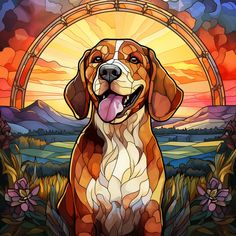 a dog is sitting in front of a stained glass window with the sun setting behind it