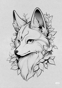 a drawing of a fox's head with leaves around it