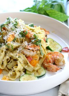 pasta with shrimp, zucchini and parmesan cheese on a white plate