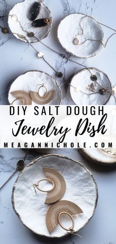 some jewelry is sitting on top of a white plate with the words diy salt dough jewelry