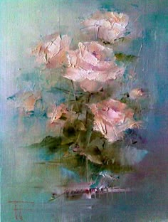 a painting of pink roses in a vase