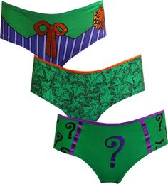 Superheros get all of the attention, but if you prefer the Arkham Villains, these panties will make you smile! This 3 pack of panties features one panty that looks like the Joker's suit, another in the spirit of the Riddler and the third is covered with Poison Ivy (not the plant :)). Indulge in a little wickedness! These soft, premium fabric panties are machine washable and easy to care for. Junior cut. Wickedly awesome! Joker Suit, 32nd Birthday, Betty Boop Classic, The Riddler, Comic Villains, Storybook Characters, Geek Squad, Girls Robes, Dc Villains