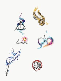 the harry potter symbols are drawn in watercolor