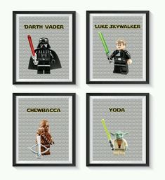 four lego star wars posters with the names of each character