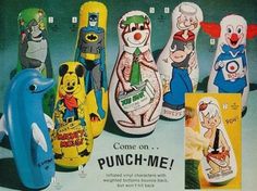 an old advertisement for punch me featuring cartoon characters and their names on the bottle caps